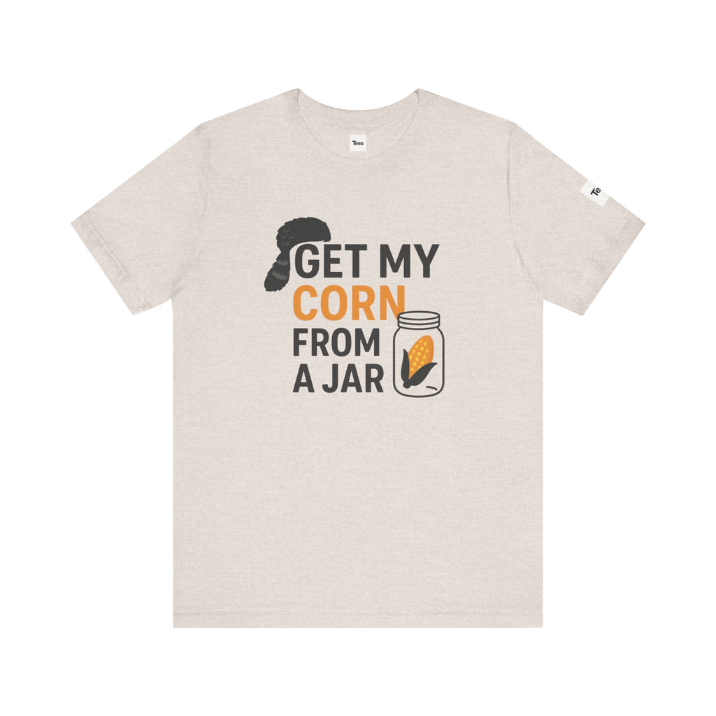 Beige t-shirt with humorous graphic and text on a white background