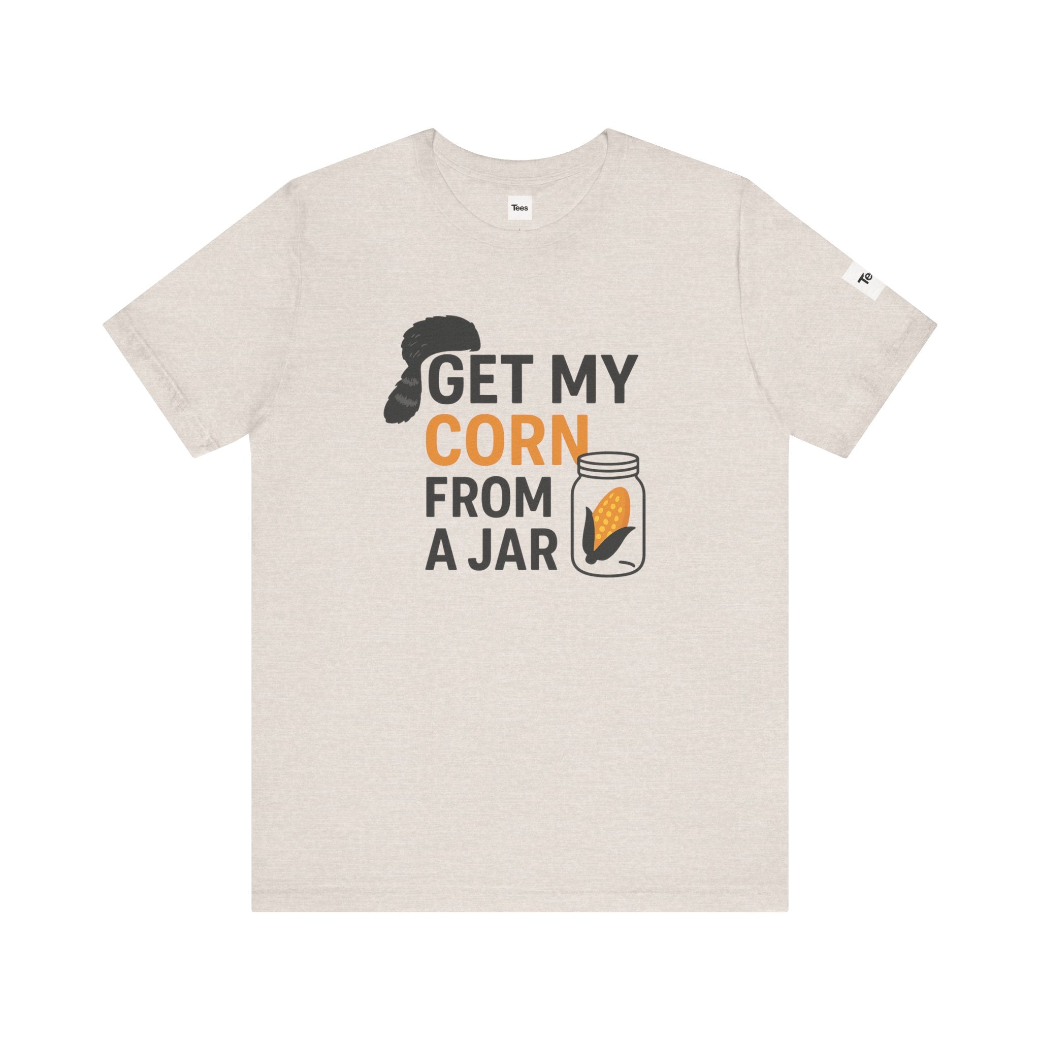 Beige t-shirt with humorous graphic and text on a white background