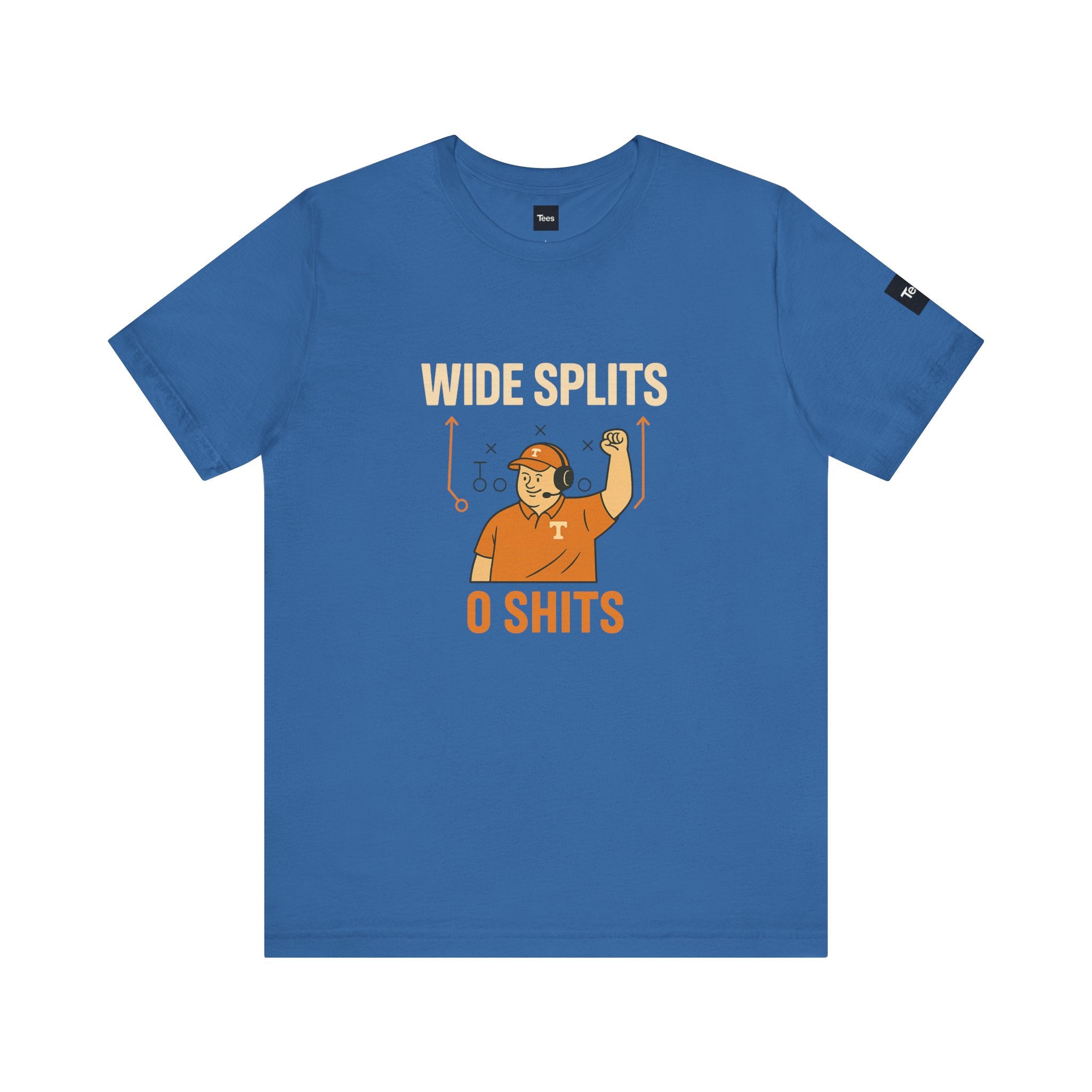 Blue t-shirt with graphic design and text on a white background