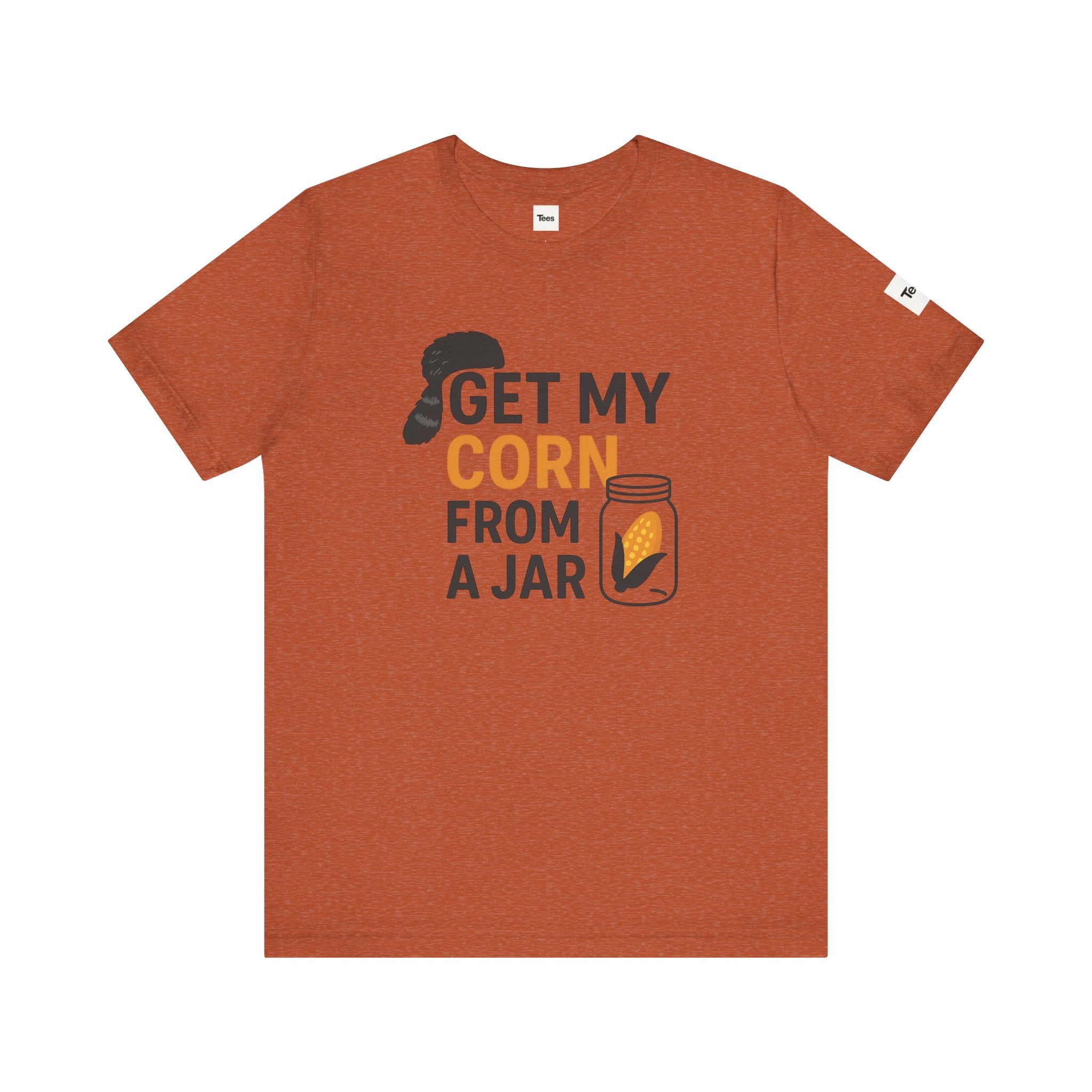 Orange t-shirt with graphic design and text on a white background