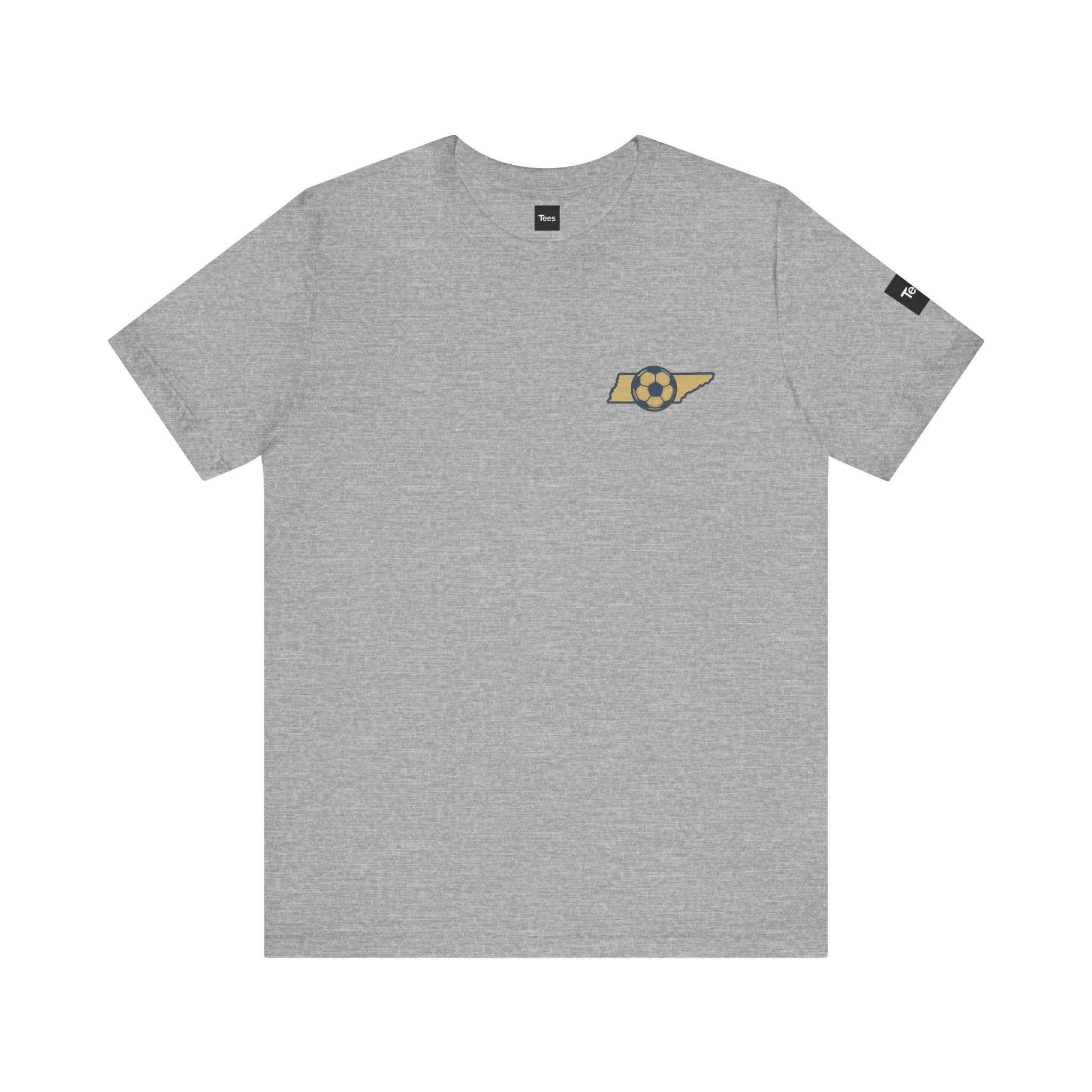 Gray t-shirt with a logo on the chest and brand name on the sleeve against a white background