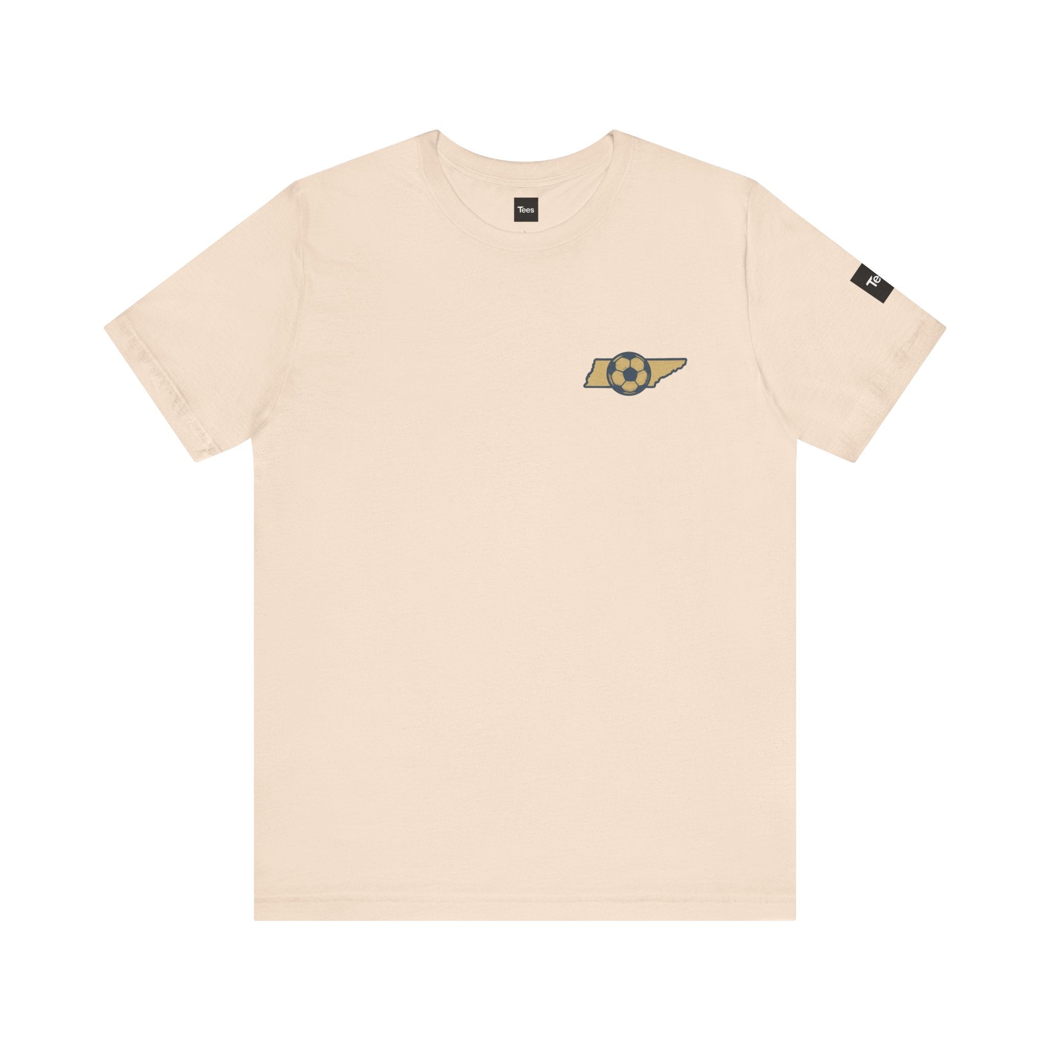 Beige t-shirt with a logo on the chest against a white background