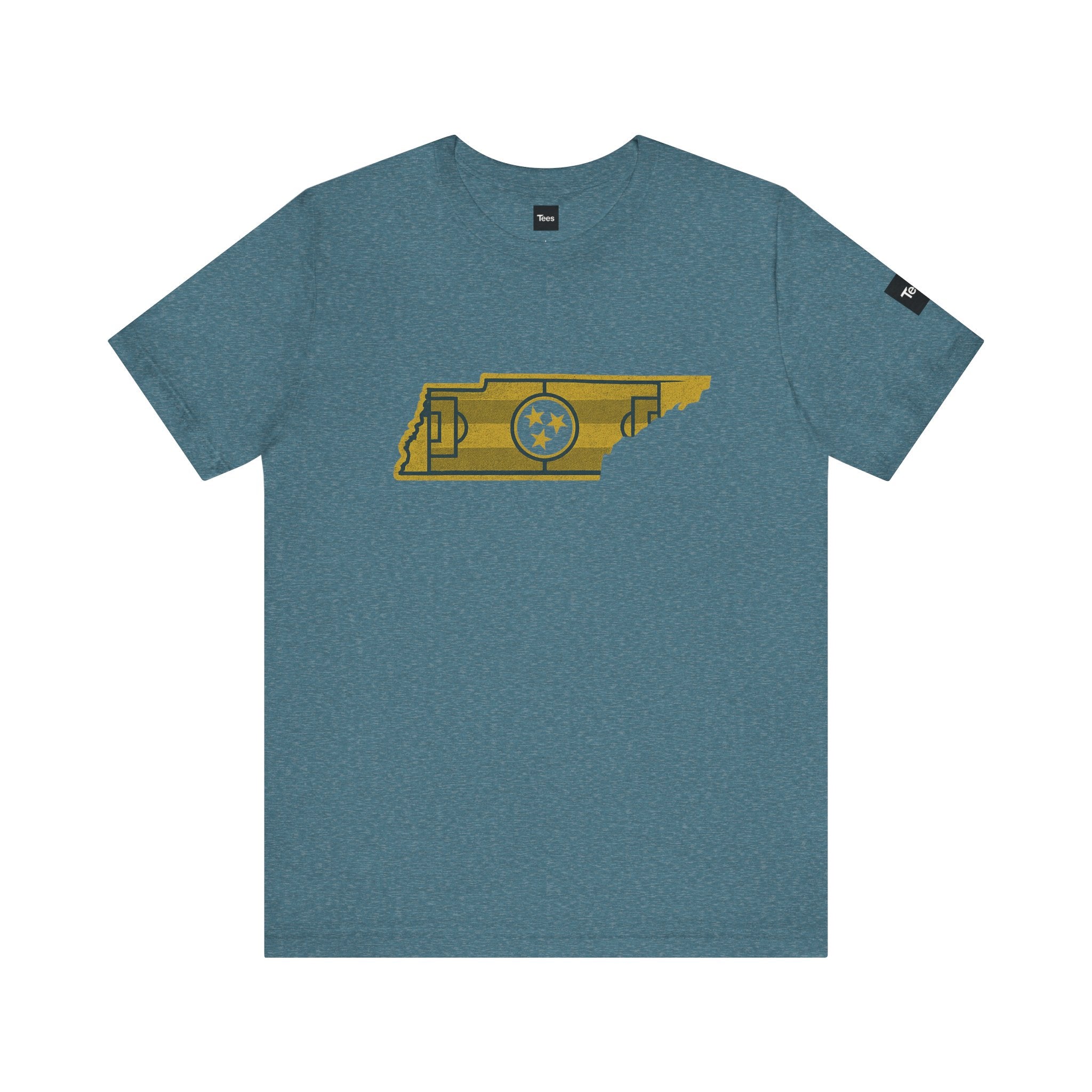 Blue t-shirt with yellow graphic design on a white background