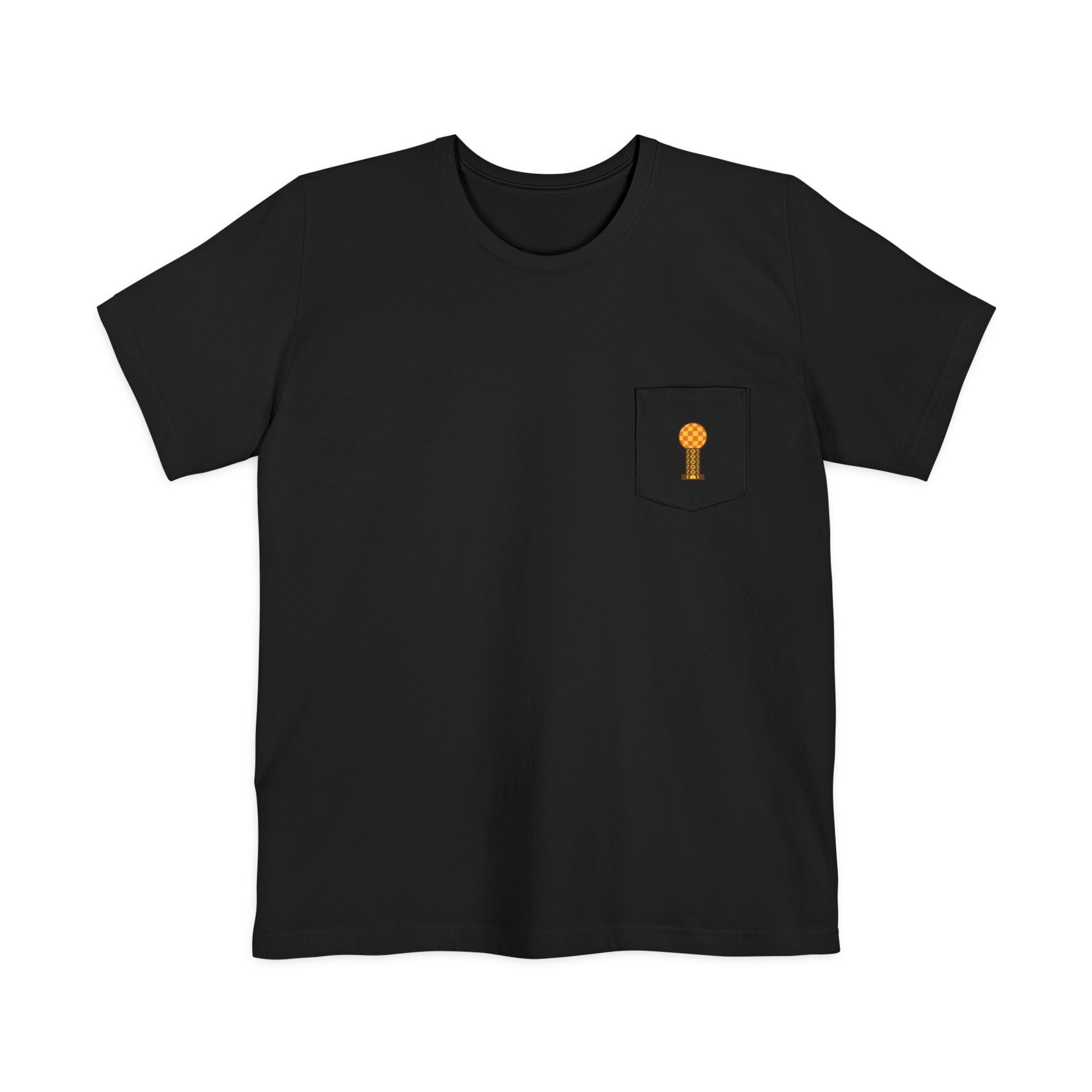 Black t-shirt with a small pocket and yellow logo on a white background