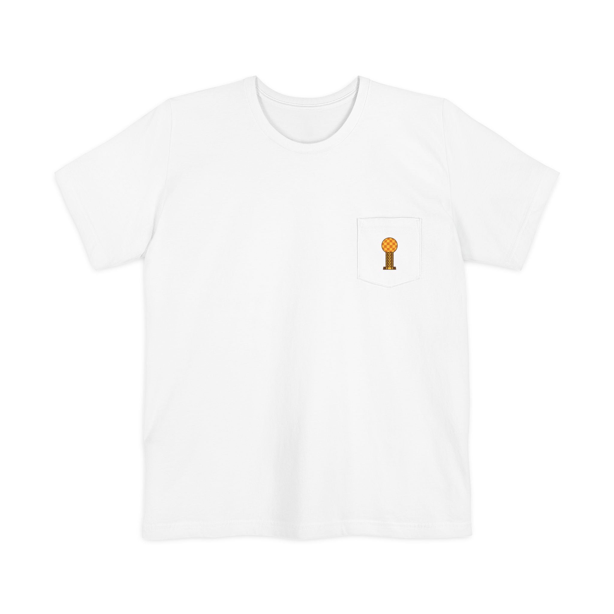White t-shirt with a small graphic on the chest against a white background