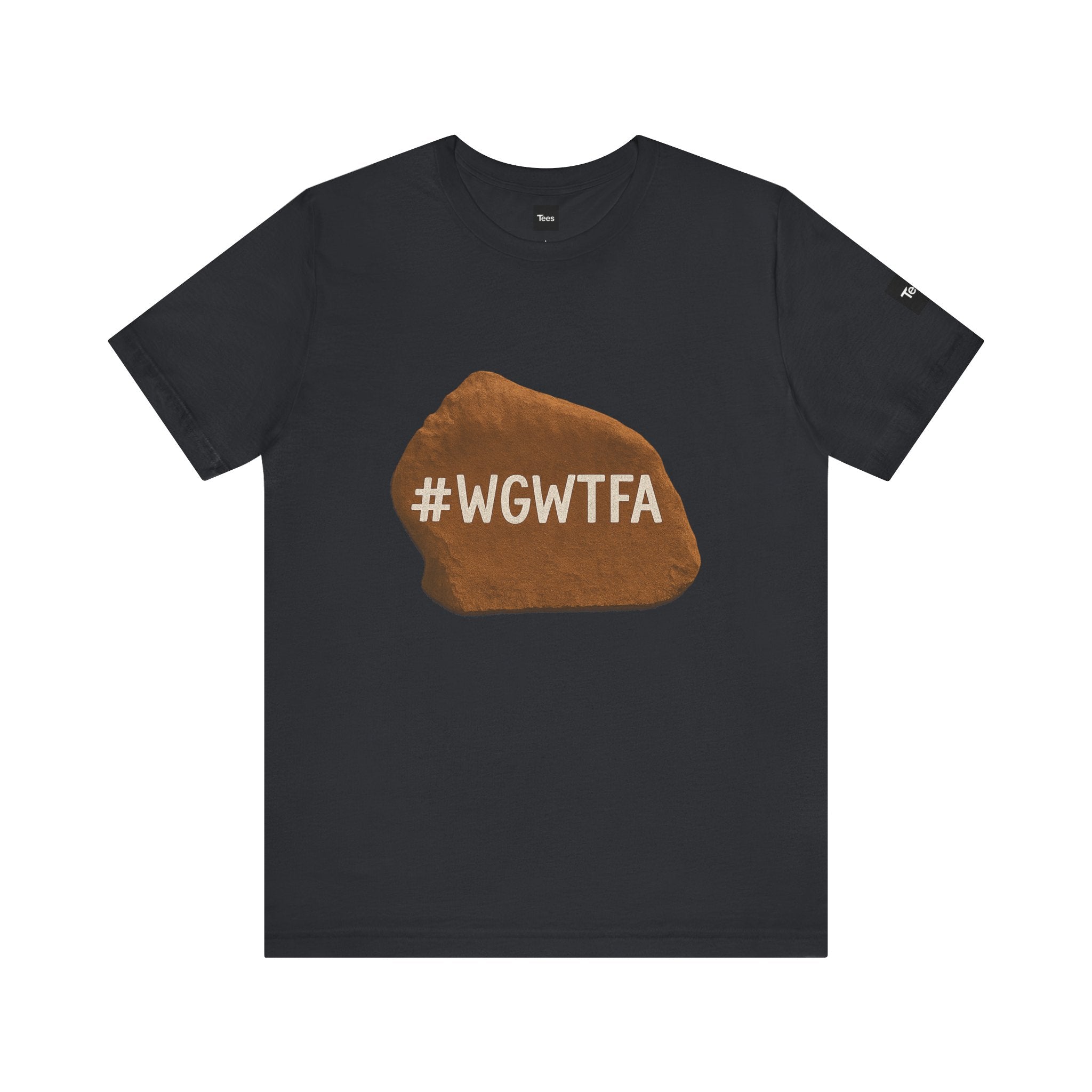 Black t-shirt with a brown rock graphic and '#WGWTFA' text on a white background