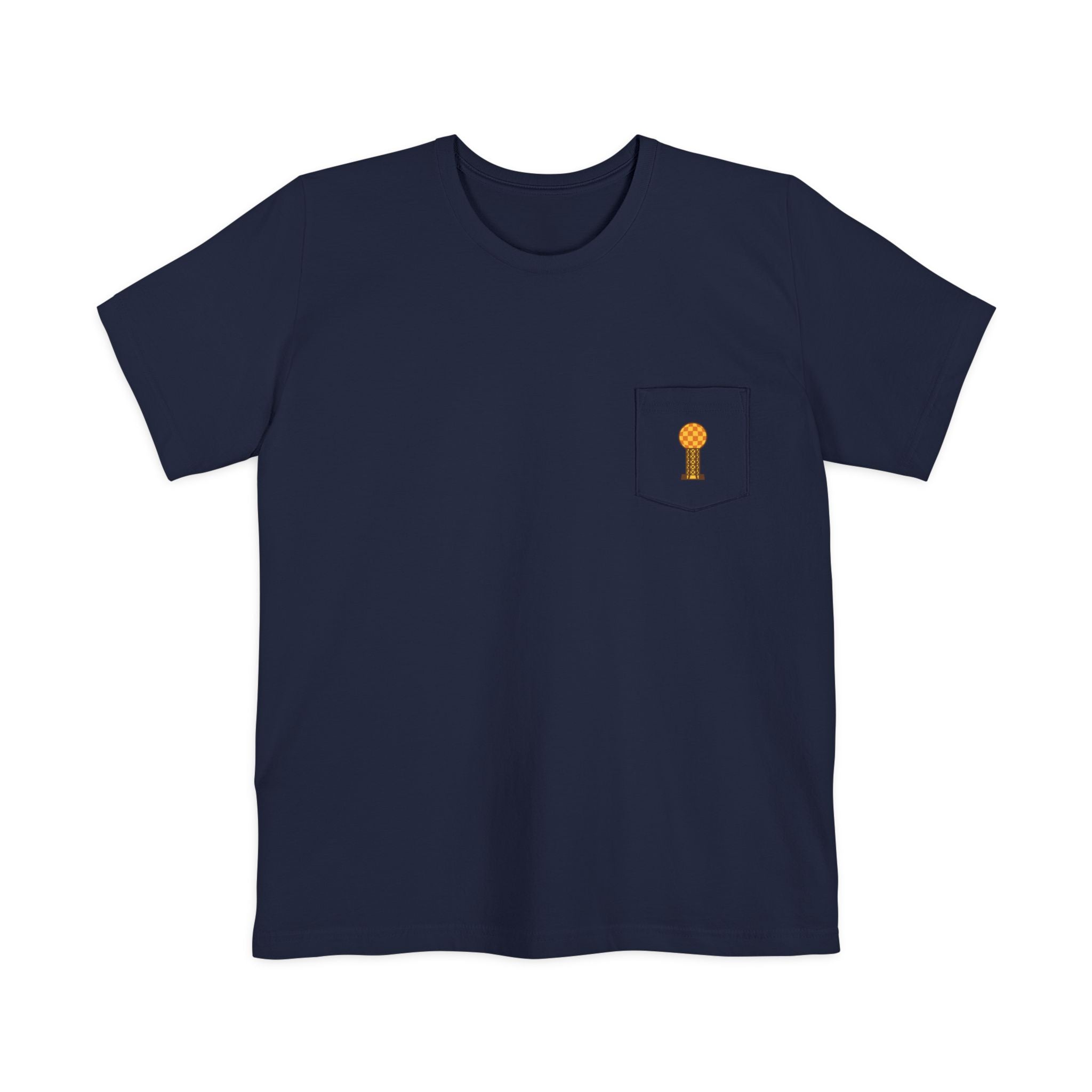 Navy blue t-shirt with a small pocket and embroidered design on a white background